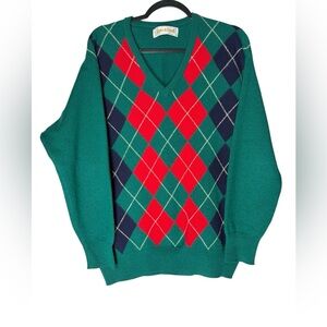 Lyle & Scott Argyle V-Neck Sweater Sz 44 Large 1Lambswool Scotland Grandpa VTG